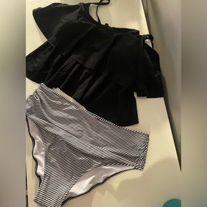NWT Bikini - Size XL, black, ruffle top, black & white striped bottom